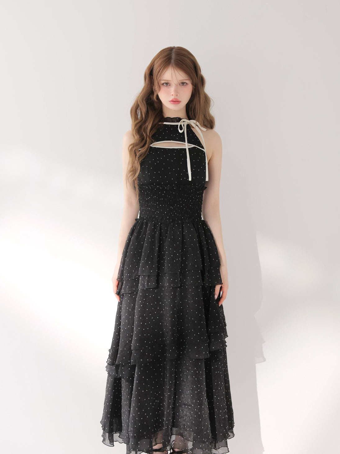 Bust cut dot chiffon tiered long onepiece(eme10842) – M me eme