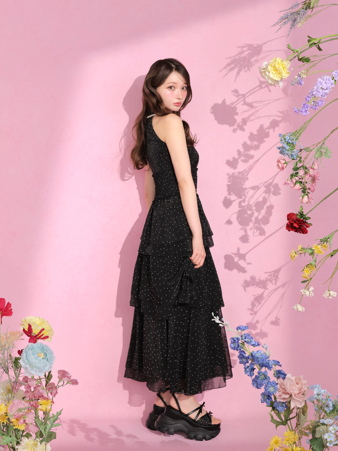 Bust cut dot chiffon tiered long onepiece(eme10842) – M me eme