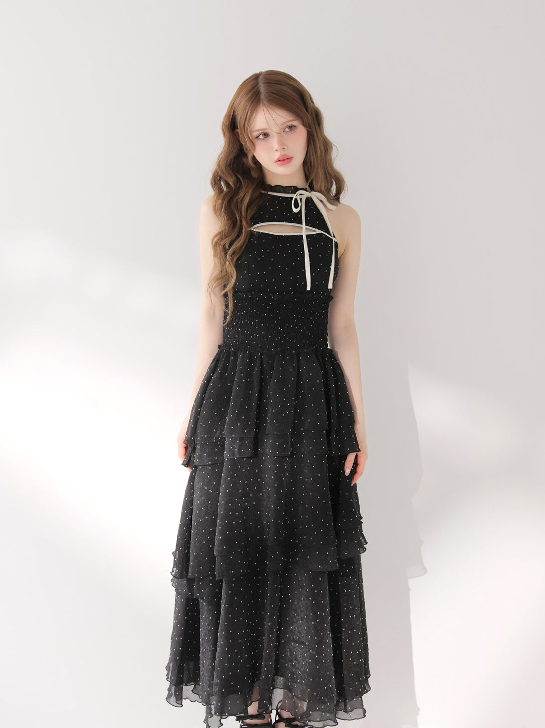 Bust cut dot chiffon tiered long onepiece(eme10842) – M me eme