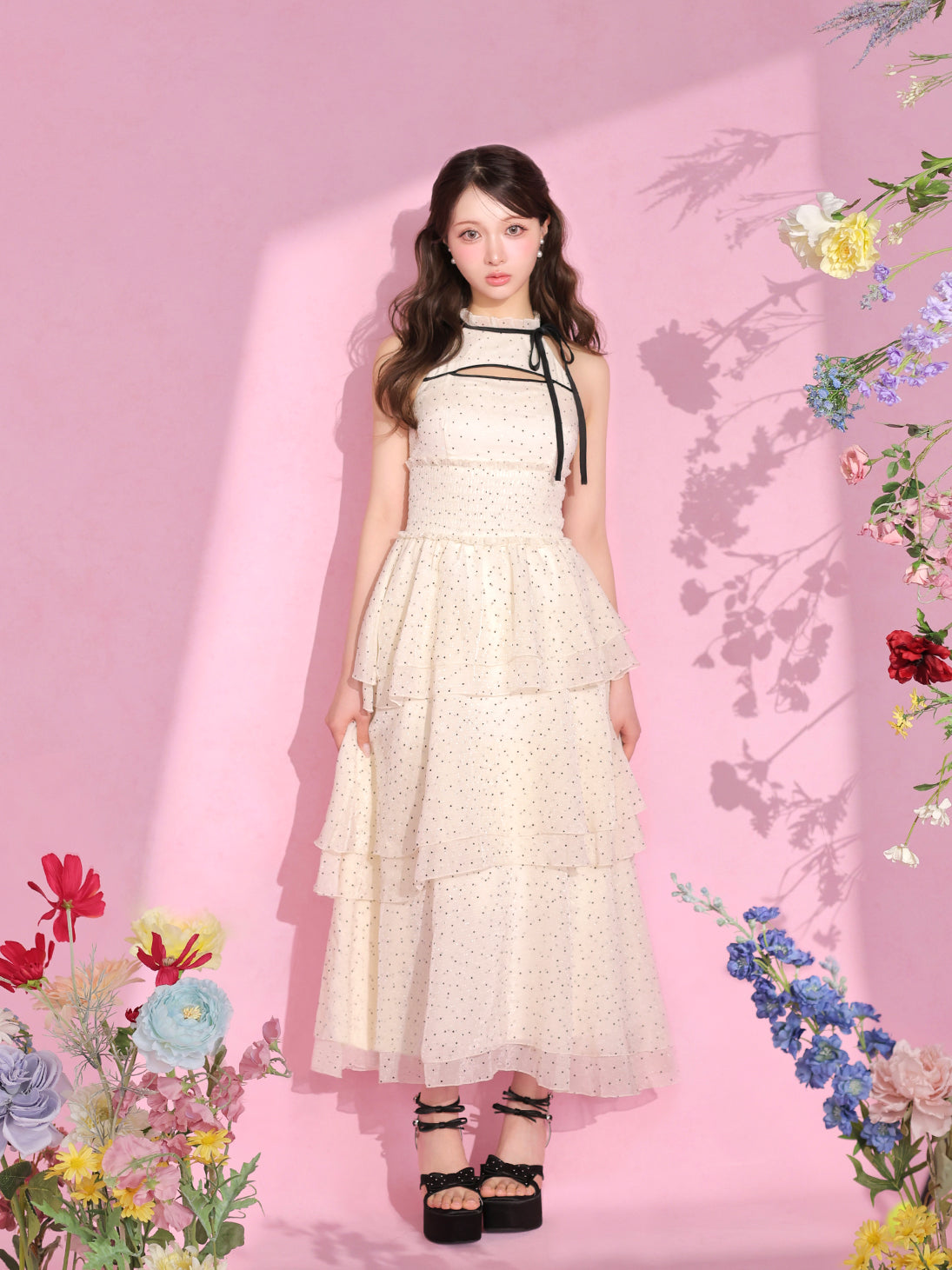 Bust cut dot chiffon tiered long onepiece(eme10842) – M me eme