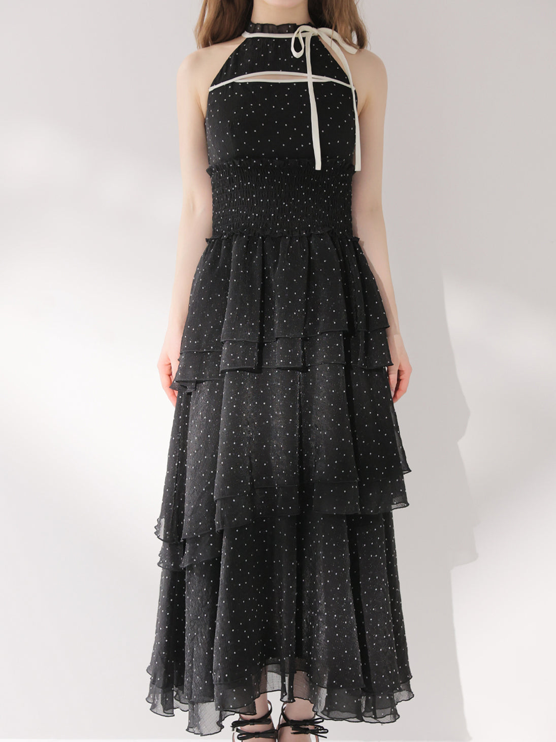 M me eme エムミーエメ ワンピース Bust cut dot chiffon tiered long onepiece(eme10842) – M me eme