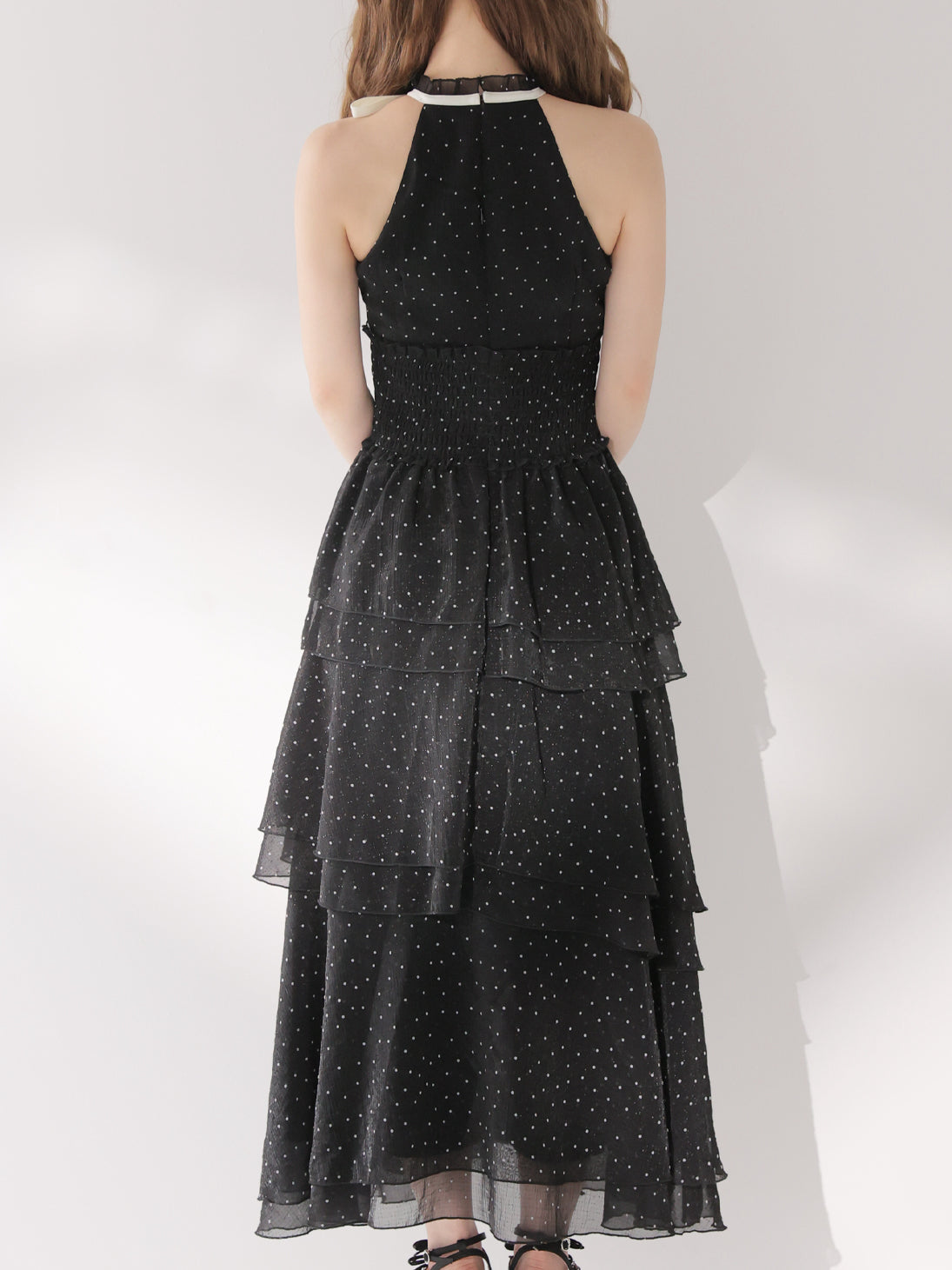 Bust cut dot chiffon tiered long onepiece(eme10842) – M me eme