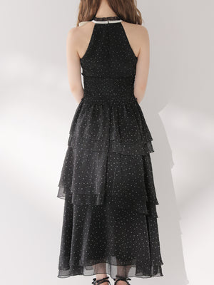 【Pre Order】Bust cut dot chiffon tiered long onepiece(eme10842)