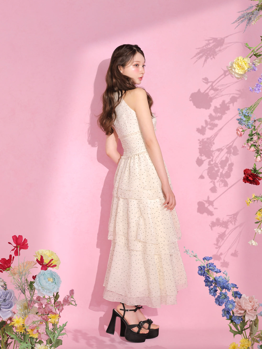 Bust cut dot chiffon tiered long onepiece(eme10842) – M me eme