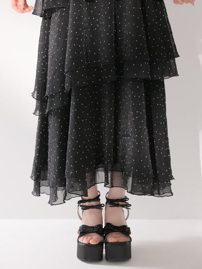 【Pre Order】Bust cut dot chiffon tiered long onepiece(eme10842)