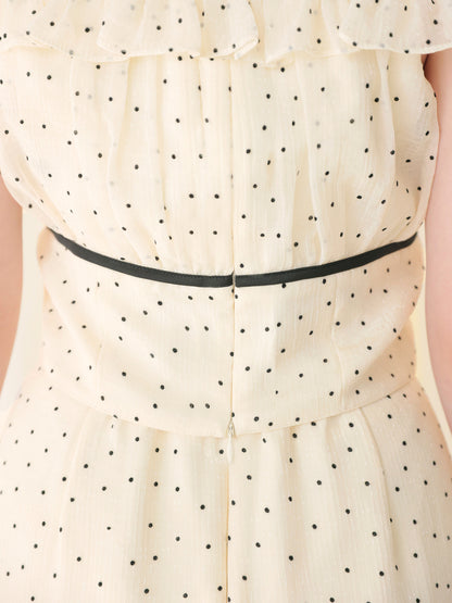 Piping ribbon dot off shoulder tops(eme10843)