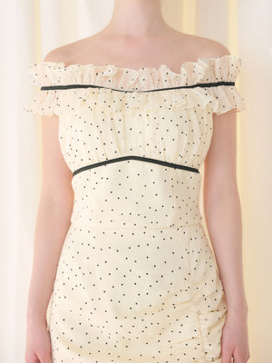 Piping ribbon dot off shoulder tops(eme10843)