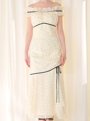 Piping ribbon dot off shoulder tops(eme10843)