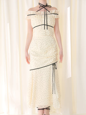 Piping ribbon dot off shoulder tops(eme10843)