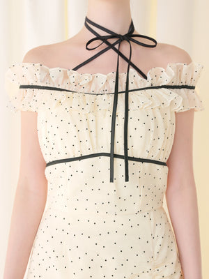 Piping ribbon dot off shoulder tops(eme10843)