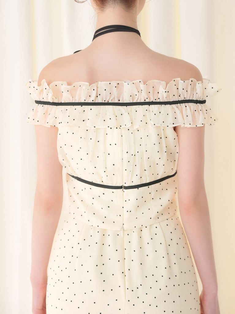 Piping ribbon dot off shoulder tops(eme10843)