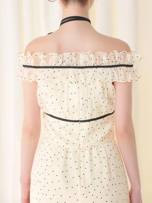 Piping ribbon dot off shoulder tops(eme10843)