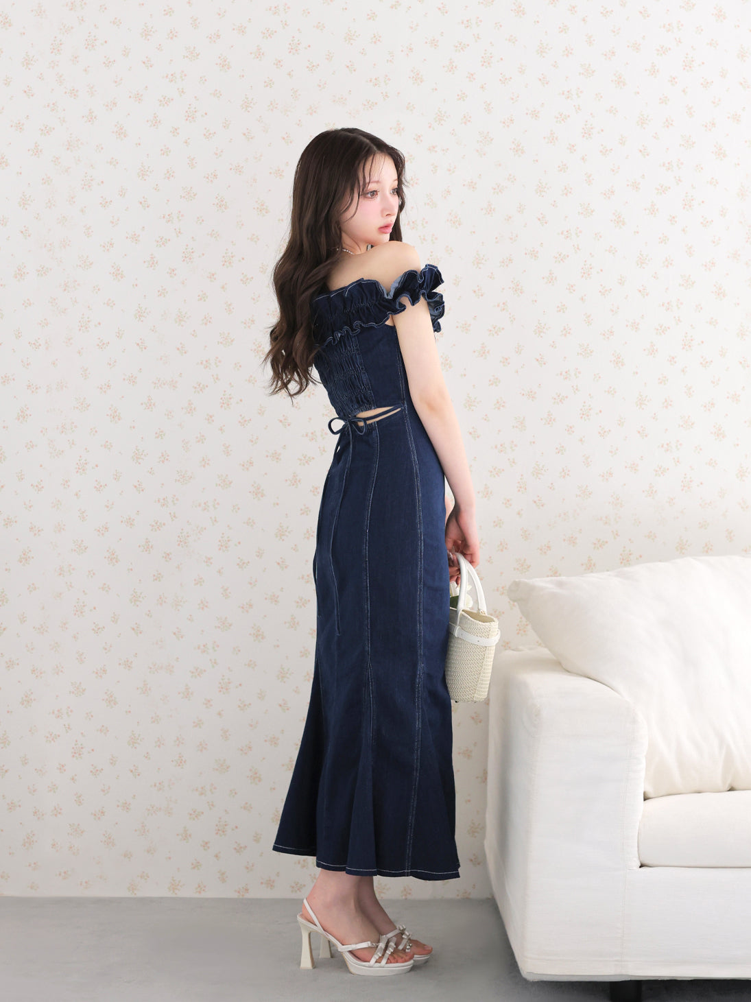 Back ribbon off shoulder denim mermaid onepiece(eme10845) – M me eme