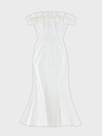 Back ribbon off shoulder denim mermaid onepiece(eme10845)