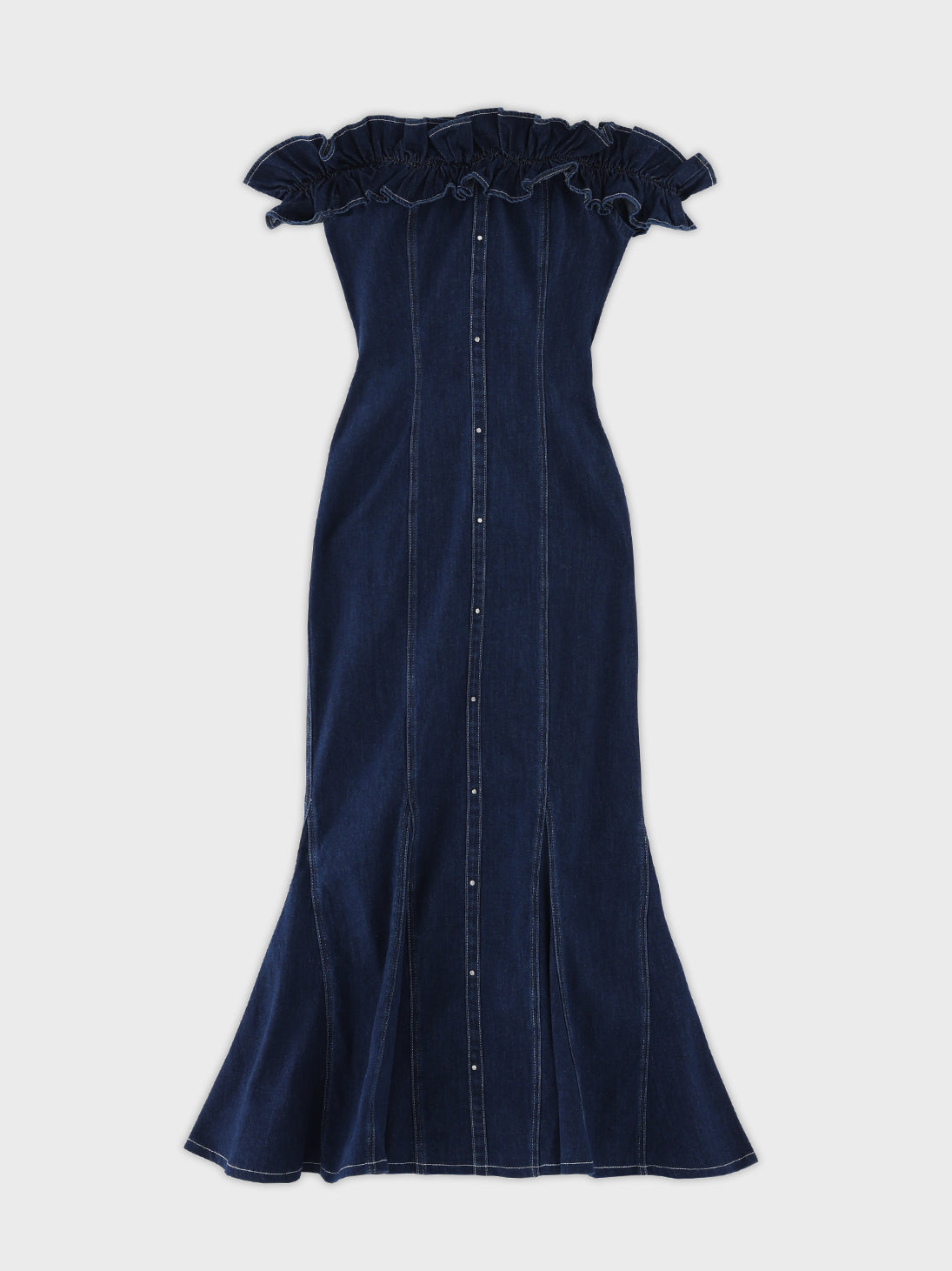 Back ribbon off shoulder denim mermaid onepiece(eme10845)