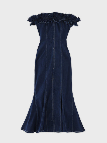 Back ribbon off shoulder denim mermaid onepiece(eme10845)