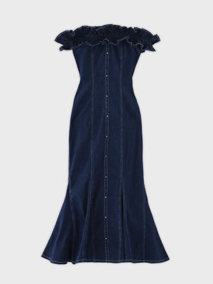 Back ribbon off shoulder denim mermaid onepiece(eme10845)