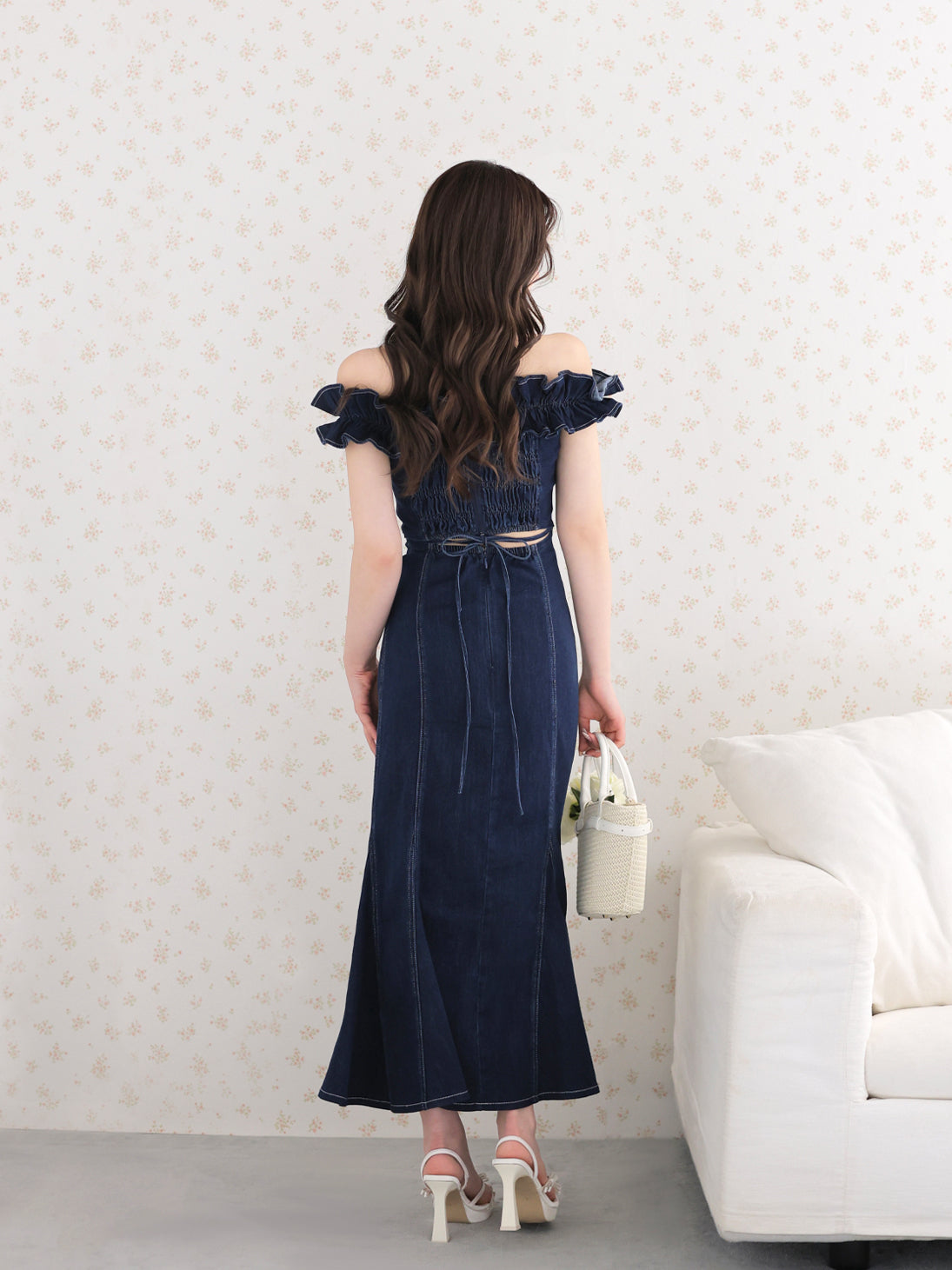 M me eme バックリボンオフショルデニムマーメイドワンピース Navy Back ribbon off shoulder denim mermaid onepiece(eme10845) – M me eme