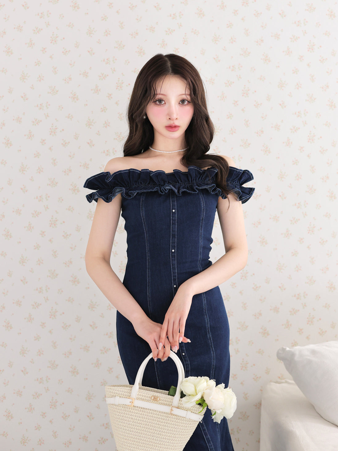 Back ribbon off shoulder denim mermaid onepiece(eme10845) – M me eme