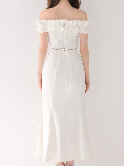 Back ribbon off shoulder denim mermaid onepiece(eme10845)