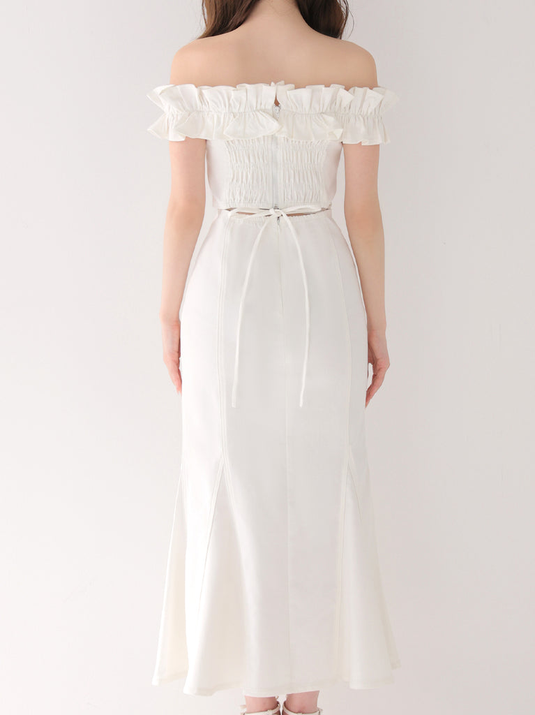 Back ribbon off shoulder denim mermaid onepiece(eme10845)