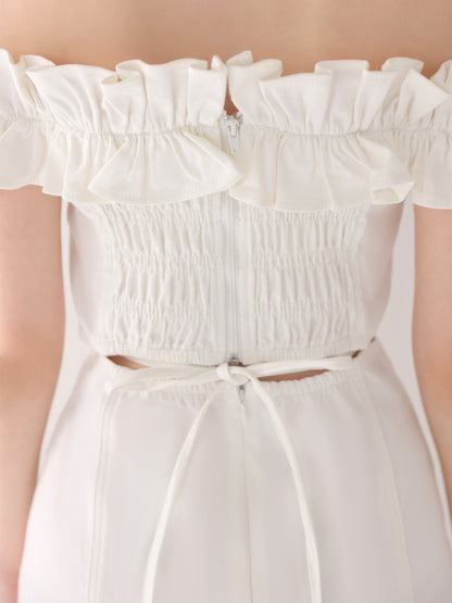 Back ribbon off shoulder denim mermaid onepiece(eme10845)