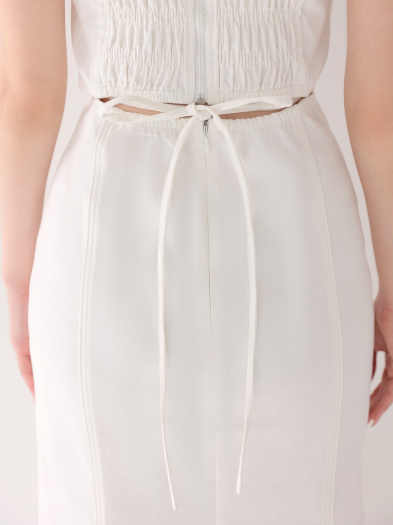 Back ribbon off shoulder denim mermaid onepiece(eme10845)