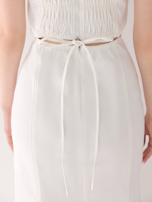 Back ribbon off shoulder denim mermaid onepiece(eme10845)