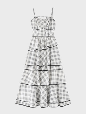 【Pre Order】Check twill ribbon tiered cami onepiece(eme10851)