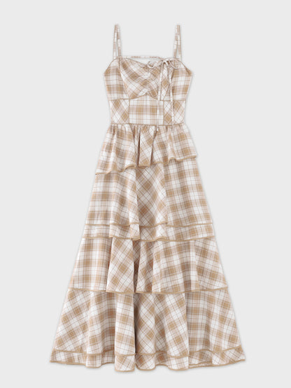 【Pre Order】Check twill ribbon tiered cami onepiece(eme10851)