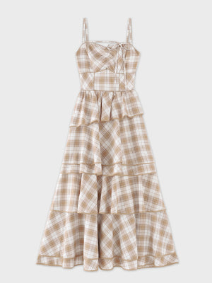 【Pre Order】Check twill ribbon tiered cami onepiece(eme10851)