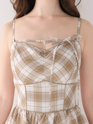 【Pre Order】Check twill ribbon tiered cami onepiece(eme10851)