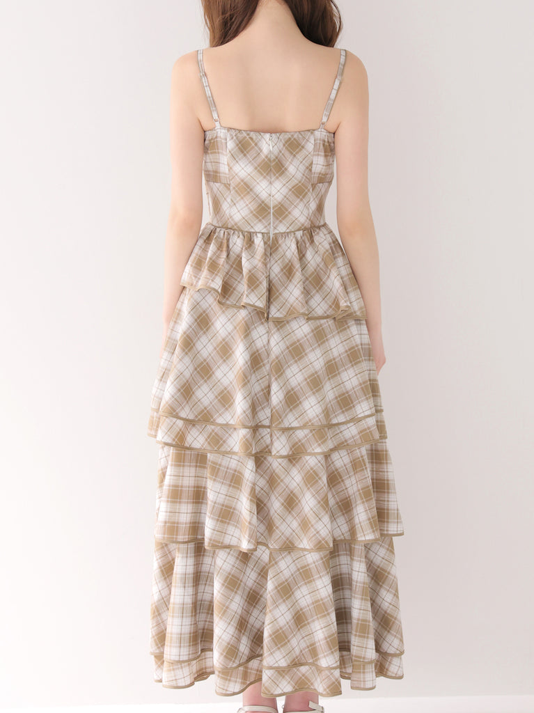【Pre Order】Check twill ribbon tiered cami onepiece(eme10851)