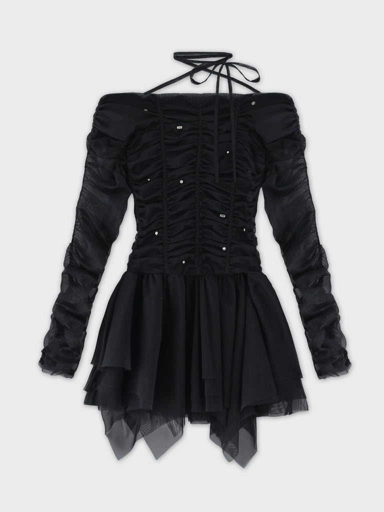 Gather tulle bijou off shoulder mini onepiece(eme10852)