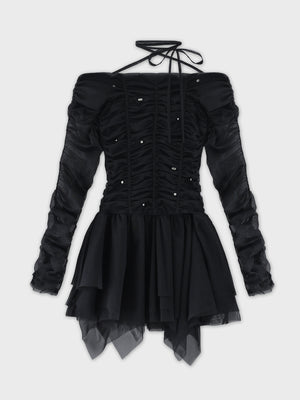 Gather tulle bijou off shoulder mini onepiece(eme10852)