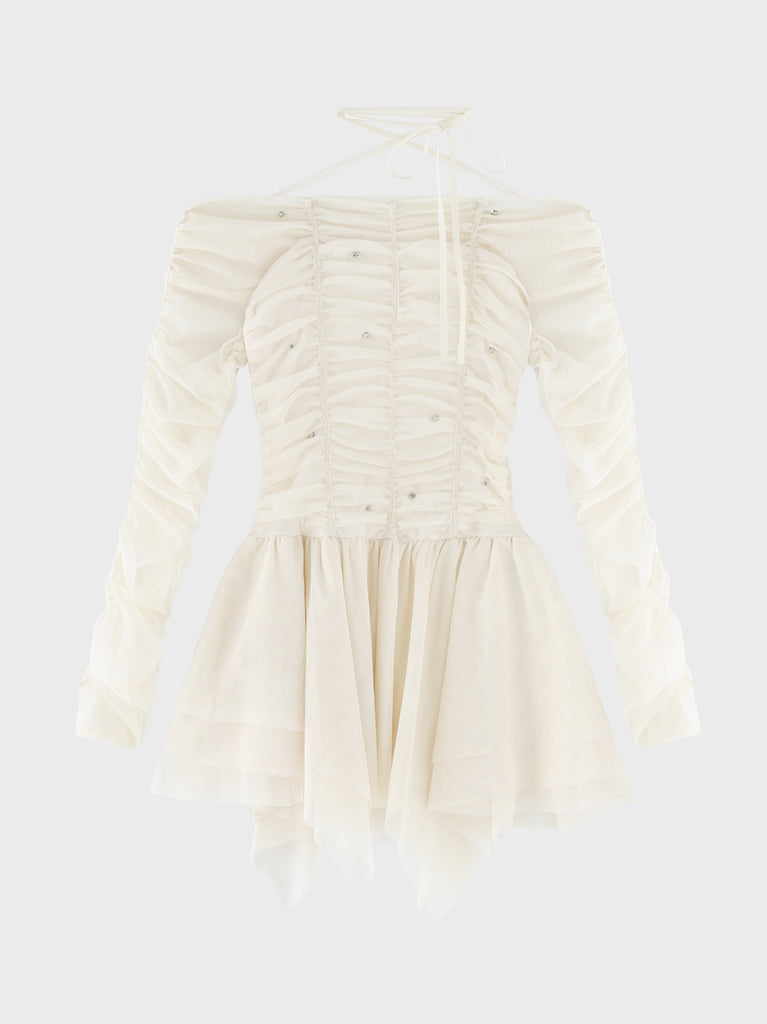 Gather tulle bijou off shoulder mini onepiece(eme10852)