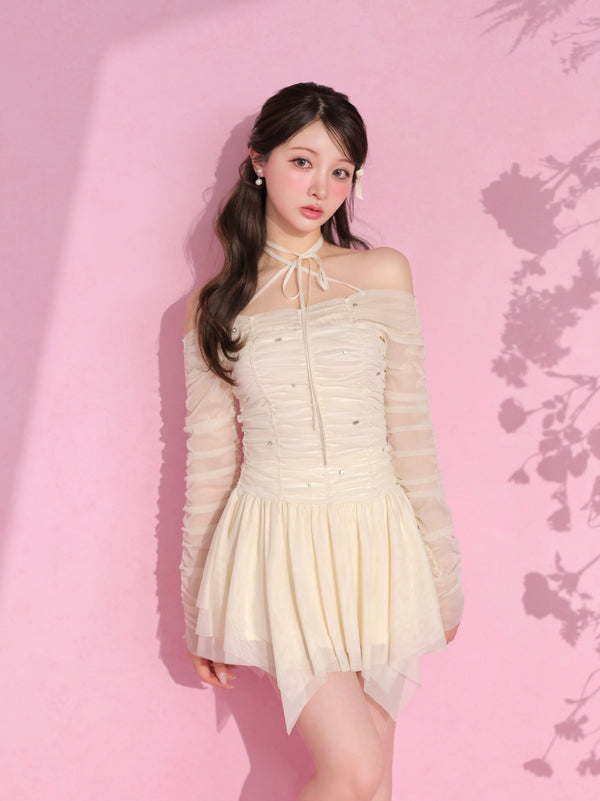 Gather tulle bijou off shoulder mini onepiece(eme10852)