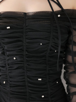 Gather tulle bijou off shoulder mini onepiece(eme10852)