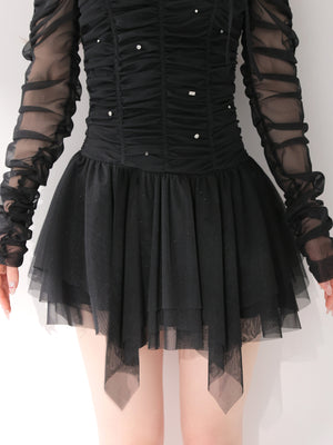 Gather tulle bijou off shoulder mini onepiece(eme10852)