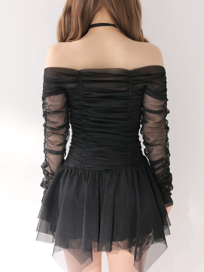 Gather tulle bijou off shoulder mini onepiece(eme10852)