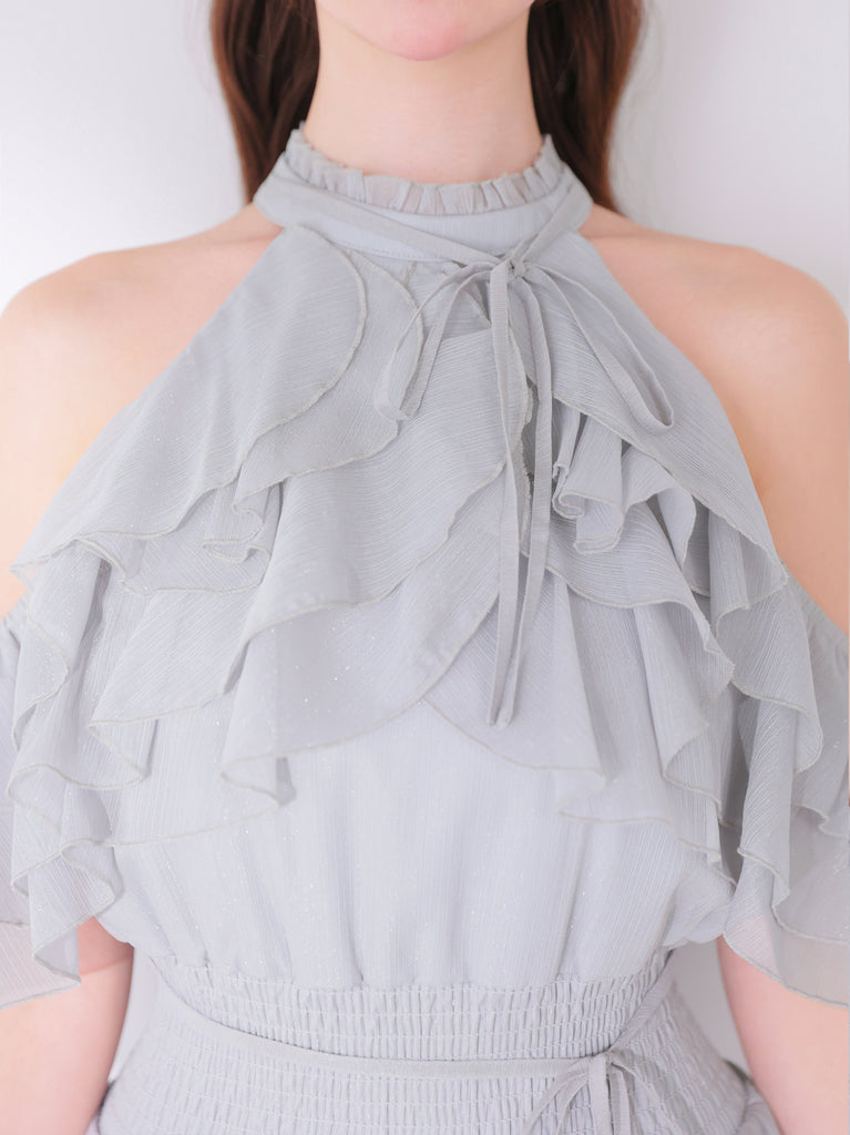 【Pre Order】Lame chiffon mellow halter mini onepiece(eme10856)