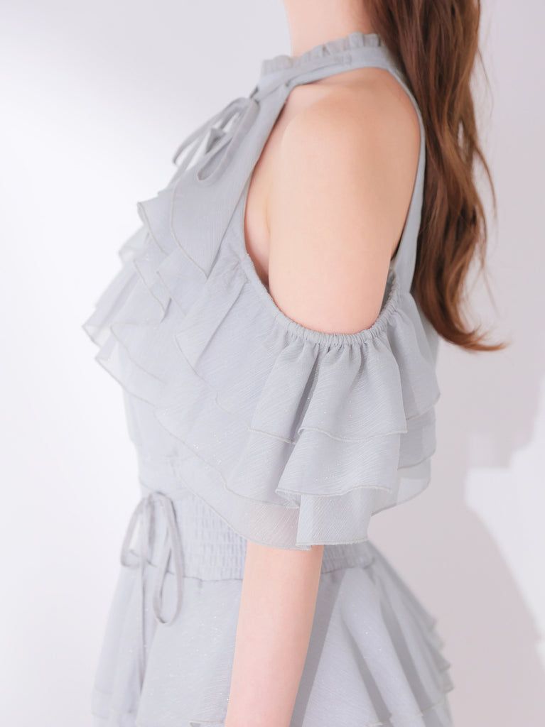 【Pre Order】Lame chiffon mellow halter mini onepiece(eme10856)