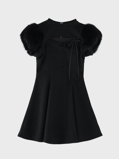 Fur sleeve ribbon mini onepiece(eme10870)