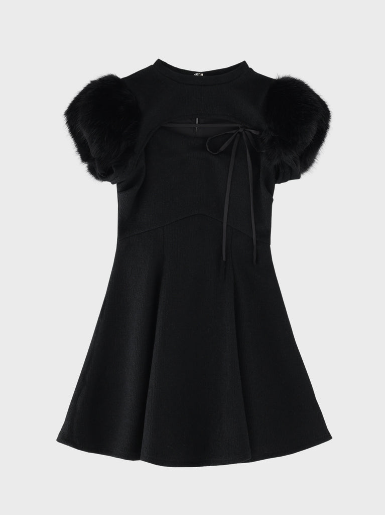 Fur sleeve ribbon mini onepiece(eme10870)