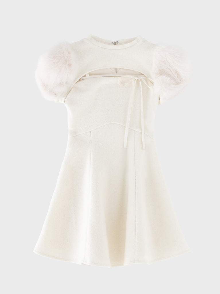 Fur sleeve ribbon mini onepiece(eme10870)