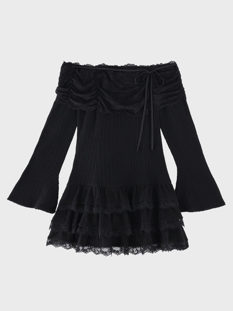 Ribbon lace gather tiered mini onepiece(eme10873)