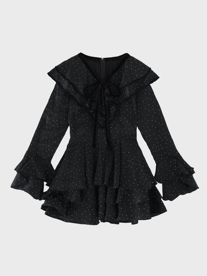 【Pre Order】Bell sleeve dot lame chiffon mini onepiece(eme10875)