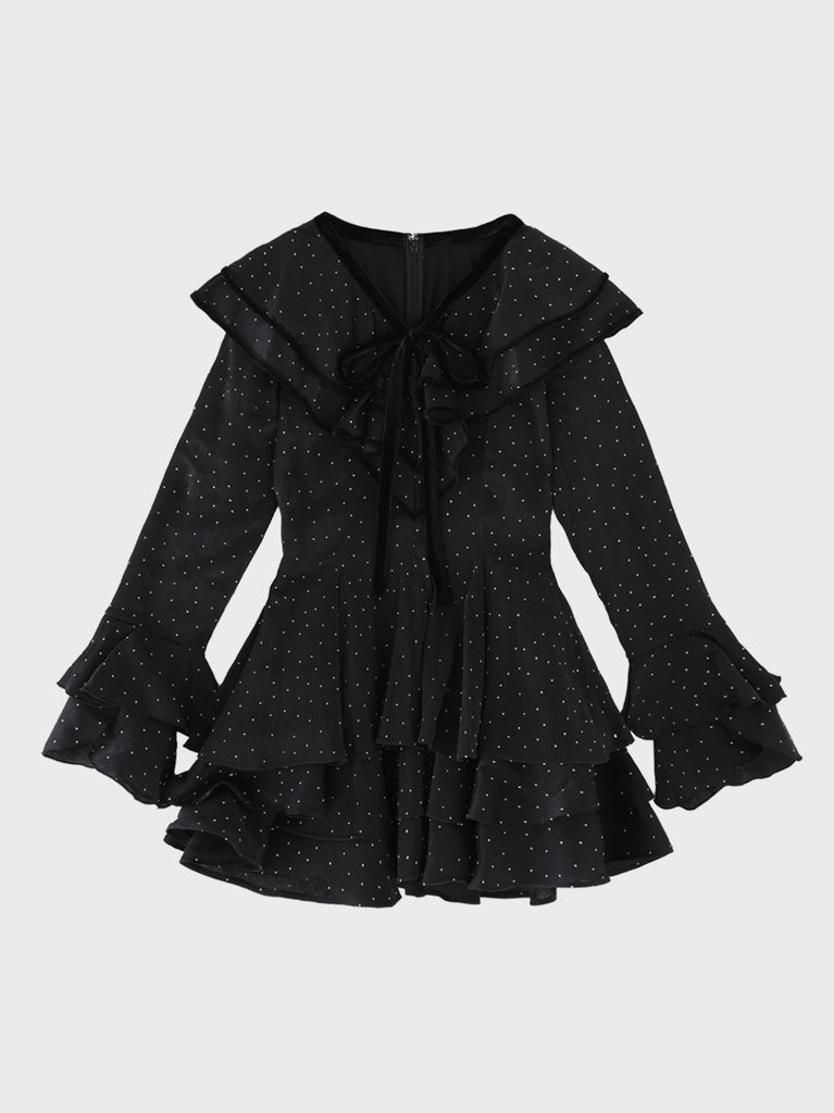 【Pre Order】Bell sleeve dot lame chiffon mini onepiece(eme10875)