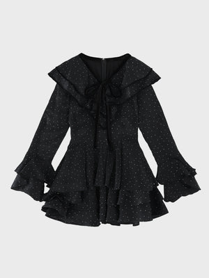 【Pre Order】Bell sleeve dot lame chiffon mini onepiece(eme10875)