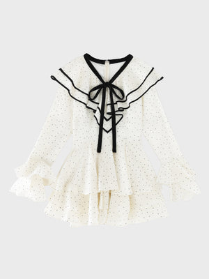 【Pre Order】Bell sleeve dot lame chiffon mini onepiece(eme10875)